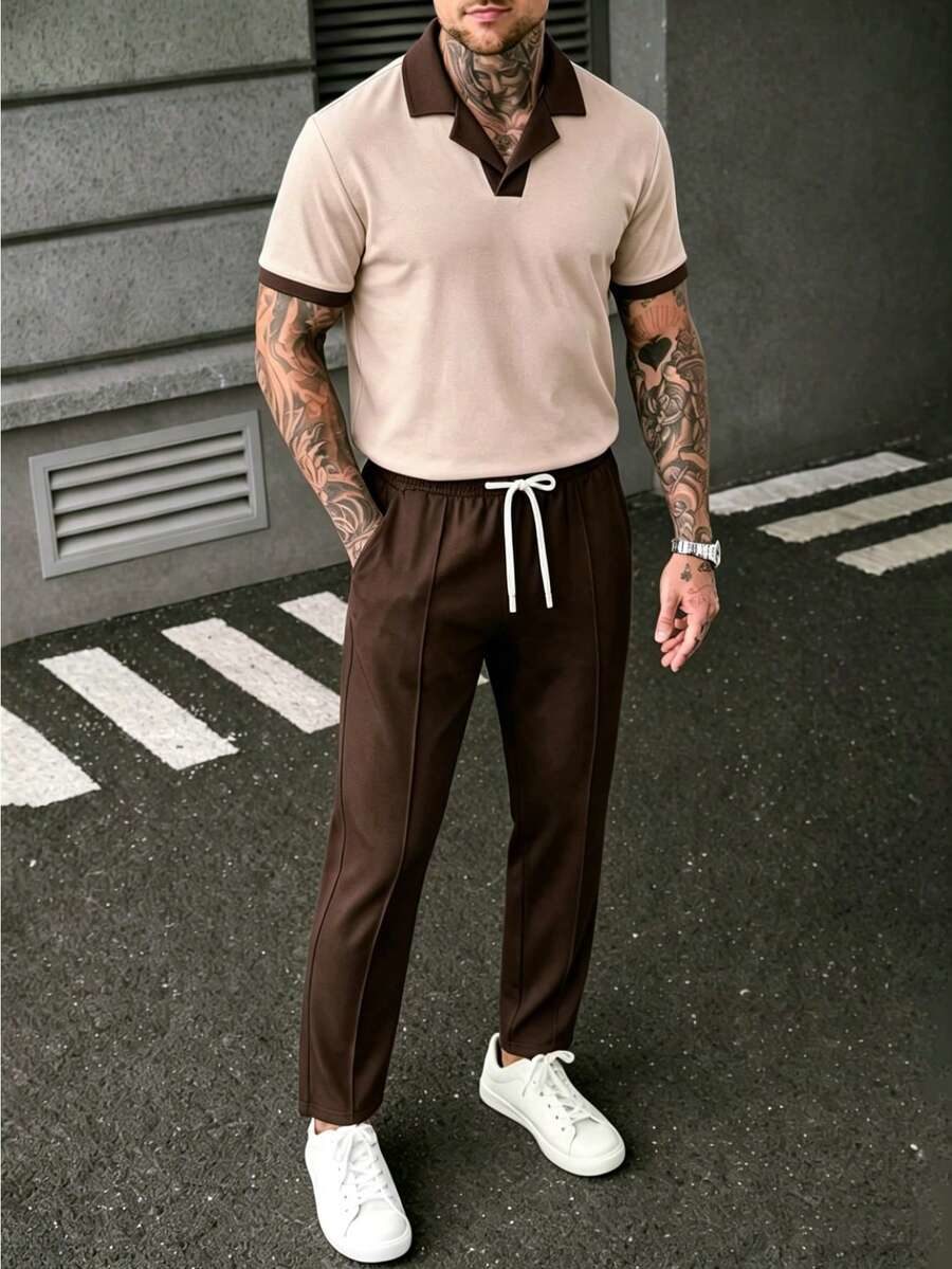 Men's Summer Casual Colorblock Brown Polo Shirt And Pants Set