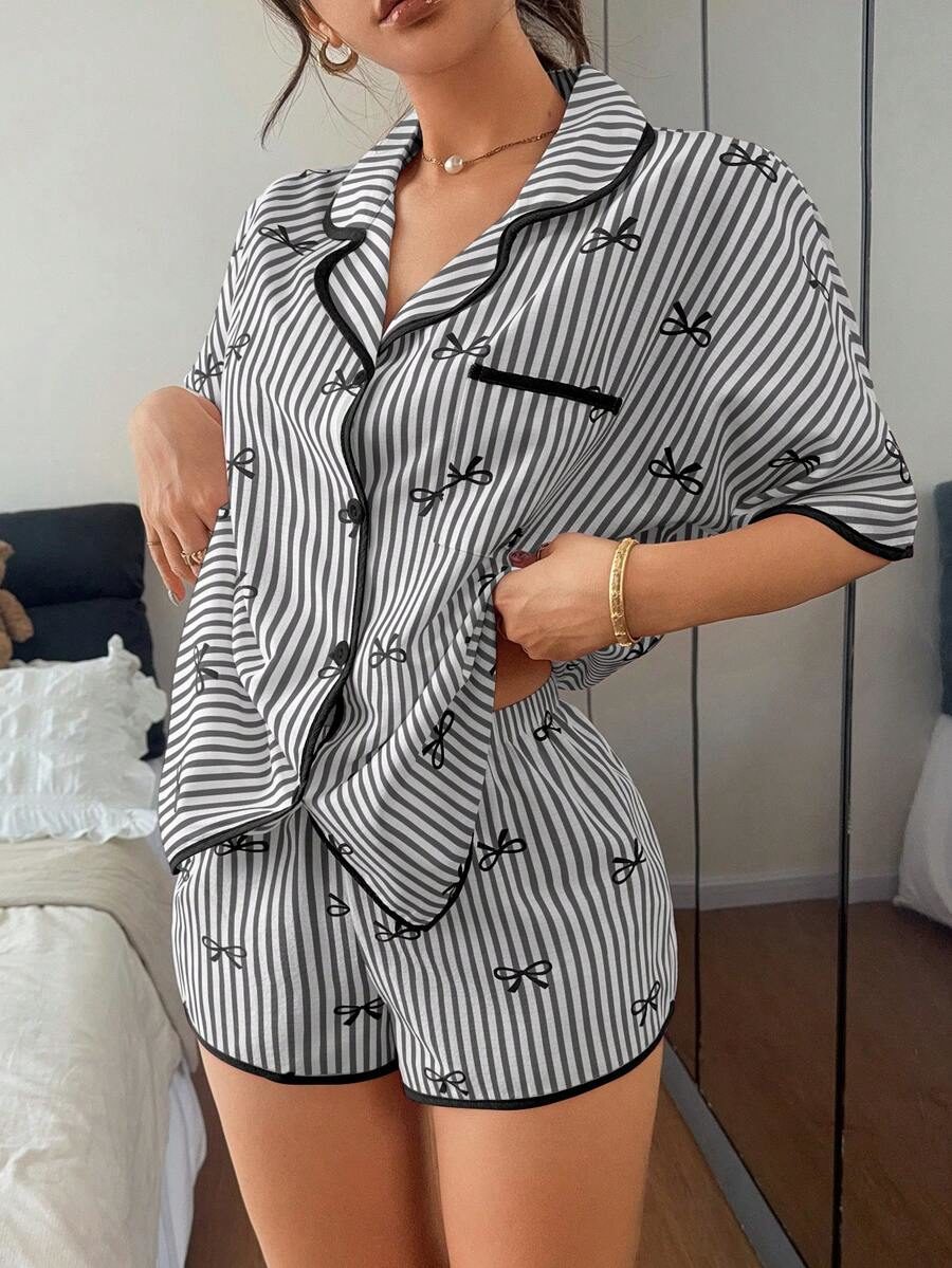 Cute Striped Bow Pink Print Shorts Short Sleeve Women's Pajama 2 Pieces Set