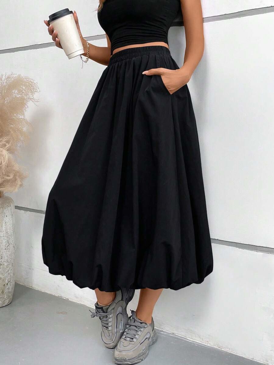 Women's Elastic Waist Pocket A-Line Maxi Skirt