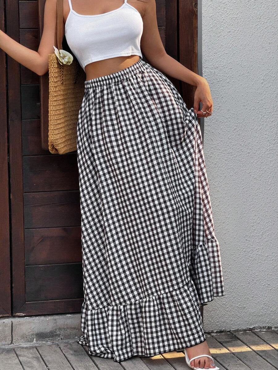 Regular Size Women Casual Boho Sweet Plaid A-Line Skirt
