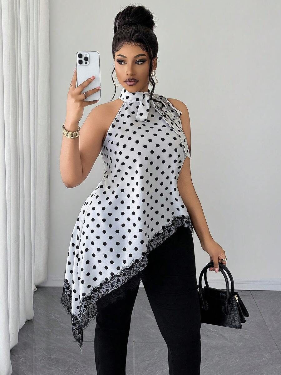 Plus Size Women's Polka Dot And Lace Sleeveless Asymmetric Hem Blouse