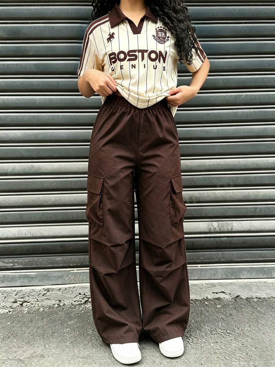 2pcs/Set Round Neck Letter Stripe Print Short Sleeve T-Shirt And Cargo Pants Set