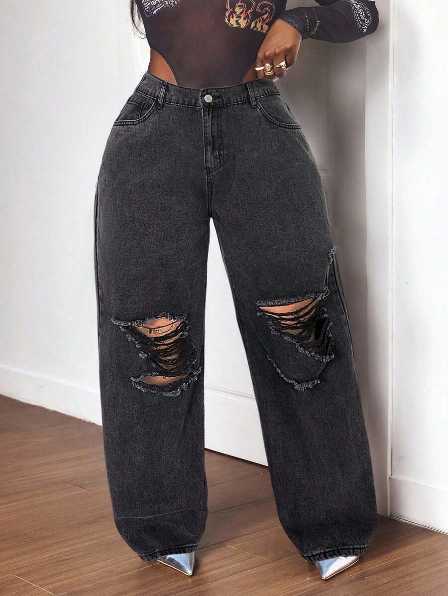 Plus Size Women Loose Fit Ripped Wide Leg Boyfriend Jeans