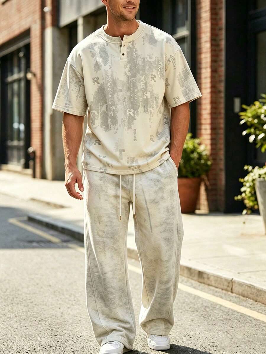 Men's Letter Print Short Sleeve T-Shirt And Long Pants Casual Everyday Set
