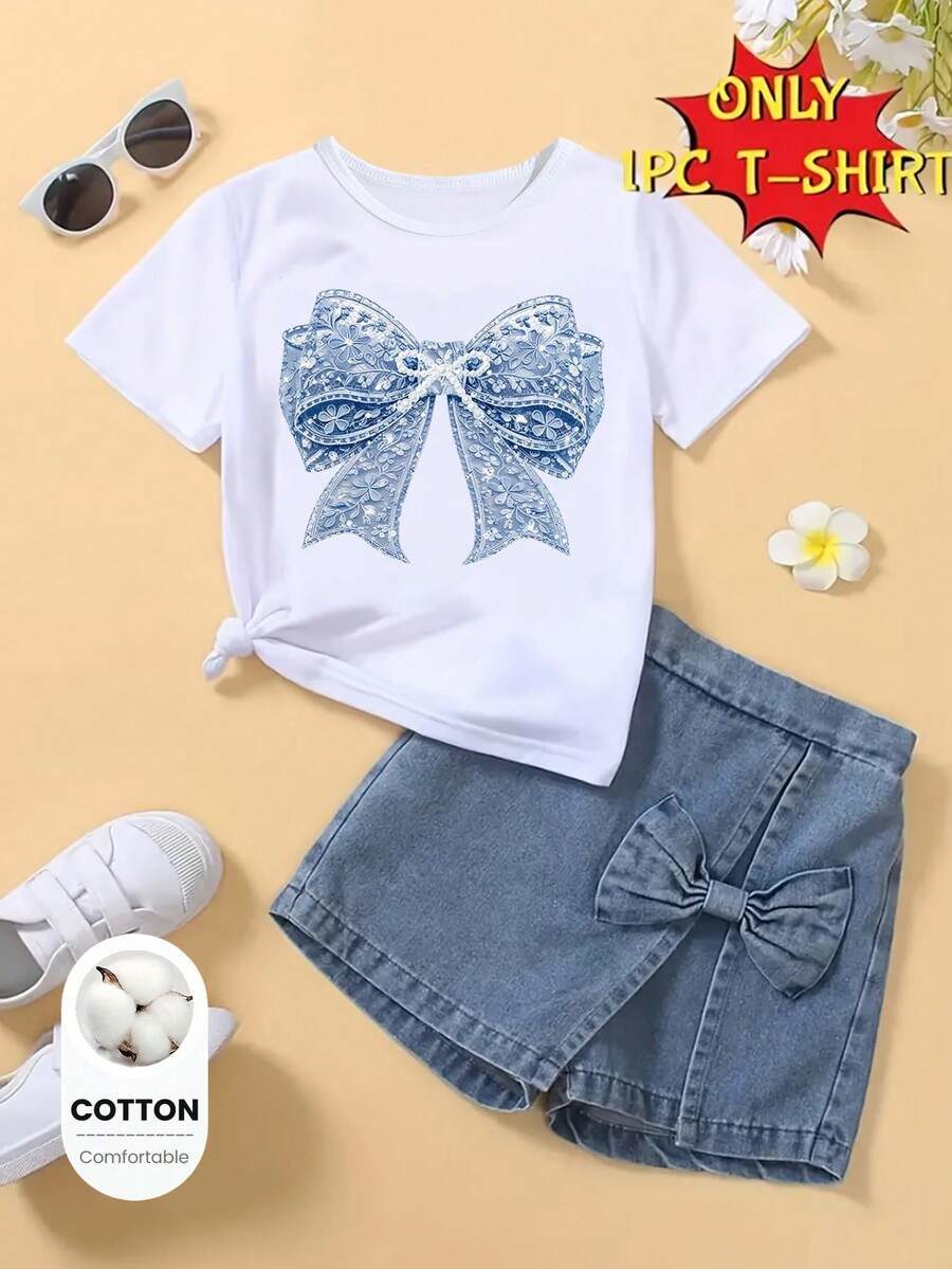 Casual Fashion Creative Personalized Minimalist Cute Fresh Floral Pattern Blue And White Bow Shape Print Basic White Cotton Short T-Shirt