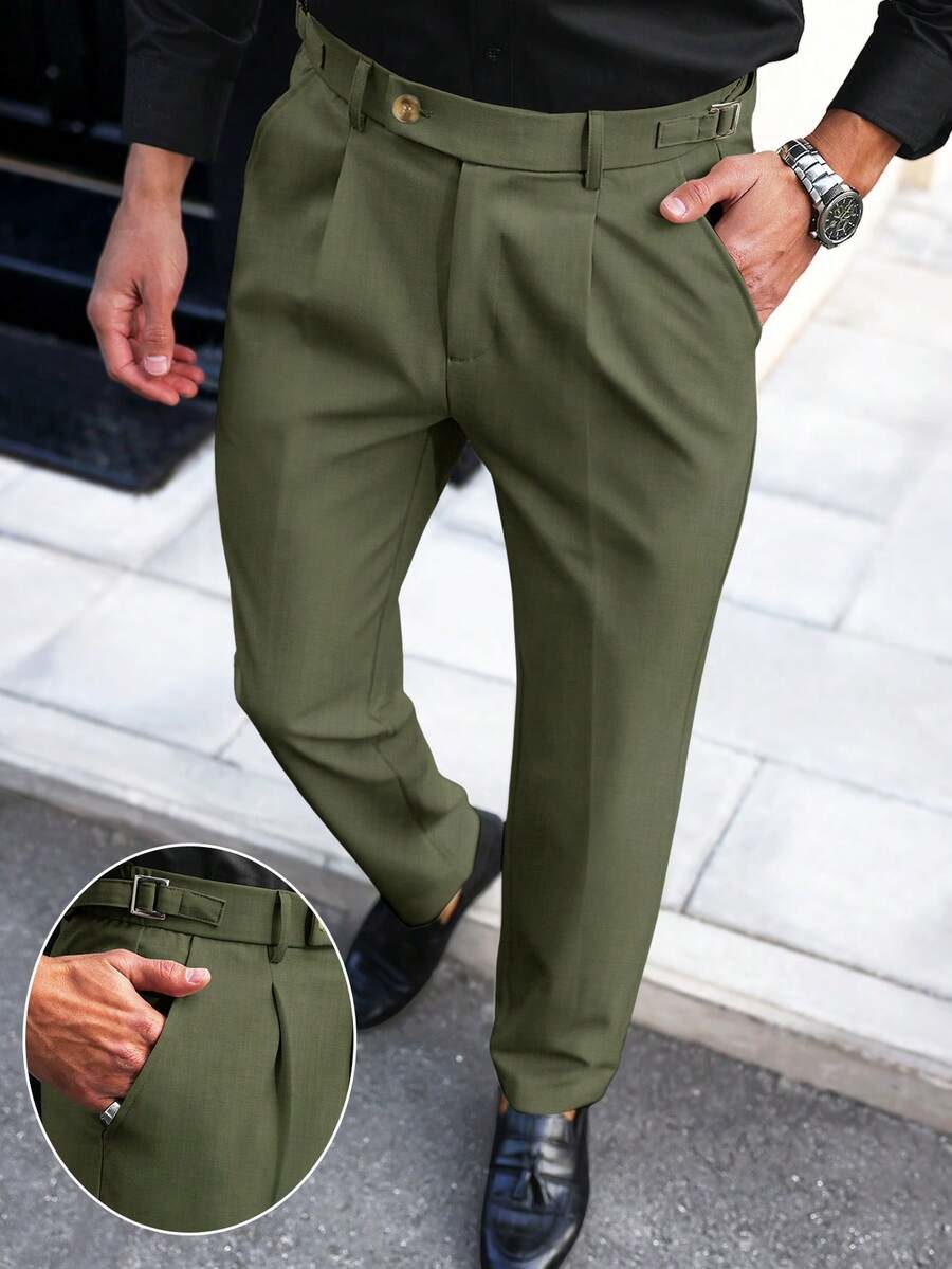 Men's Loose Casual Formal Pants Olive Green Pants Men Pleated Suit Pants