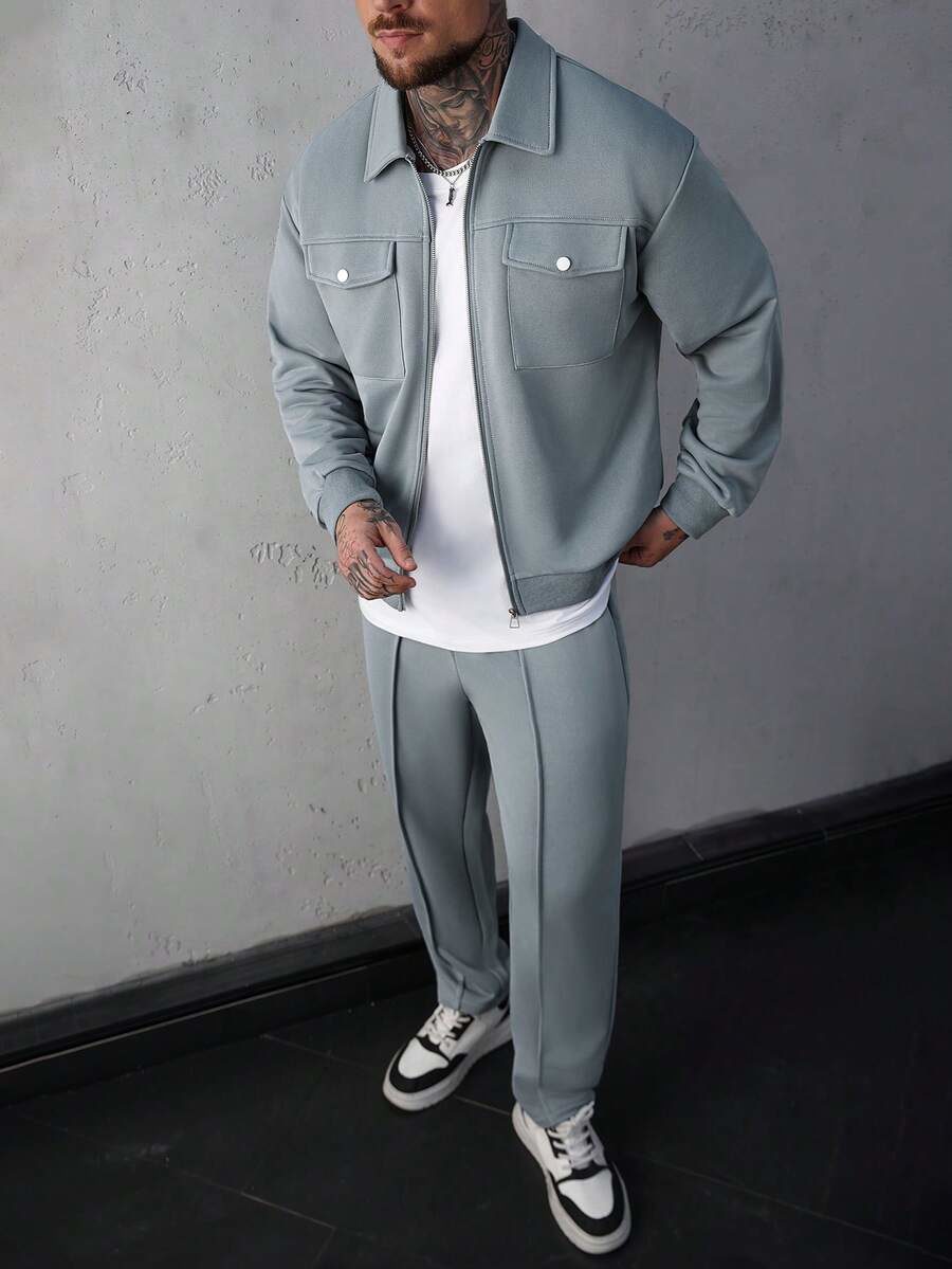 Men's Dusty Blue 2 Pieces Outfit Zip Front Pocket Jacket And Pants Casual Suit
