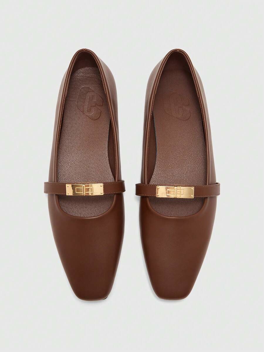 Women's Square Toe Flat Chocolate Color Metal Buckle Slip-On Flats