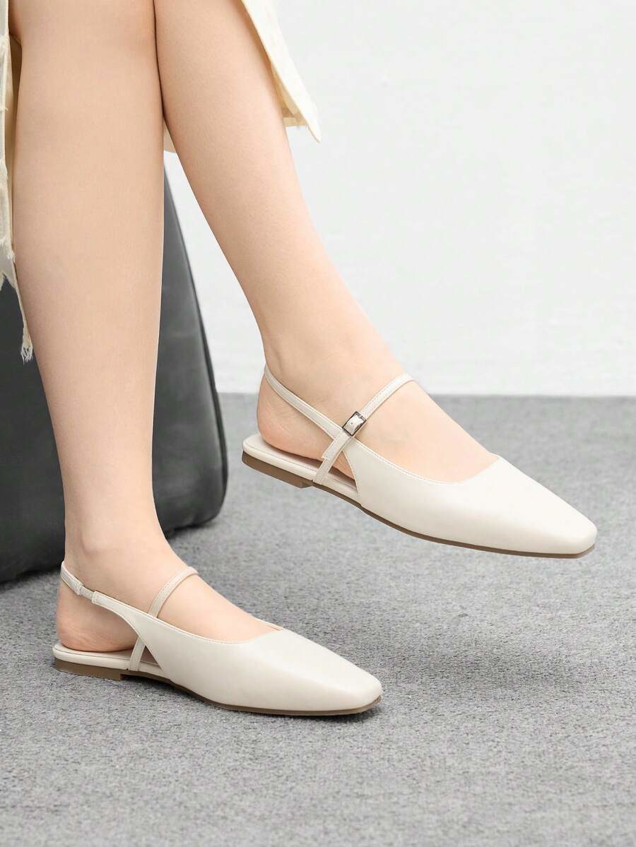 Women's Square Toe Flat Chocolate Color Metal Buckle Slip-On Flats
