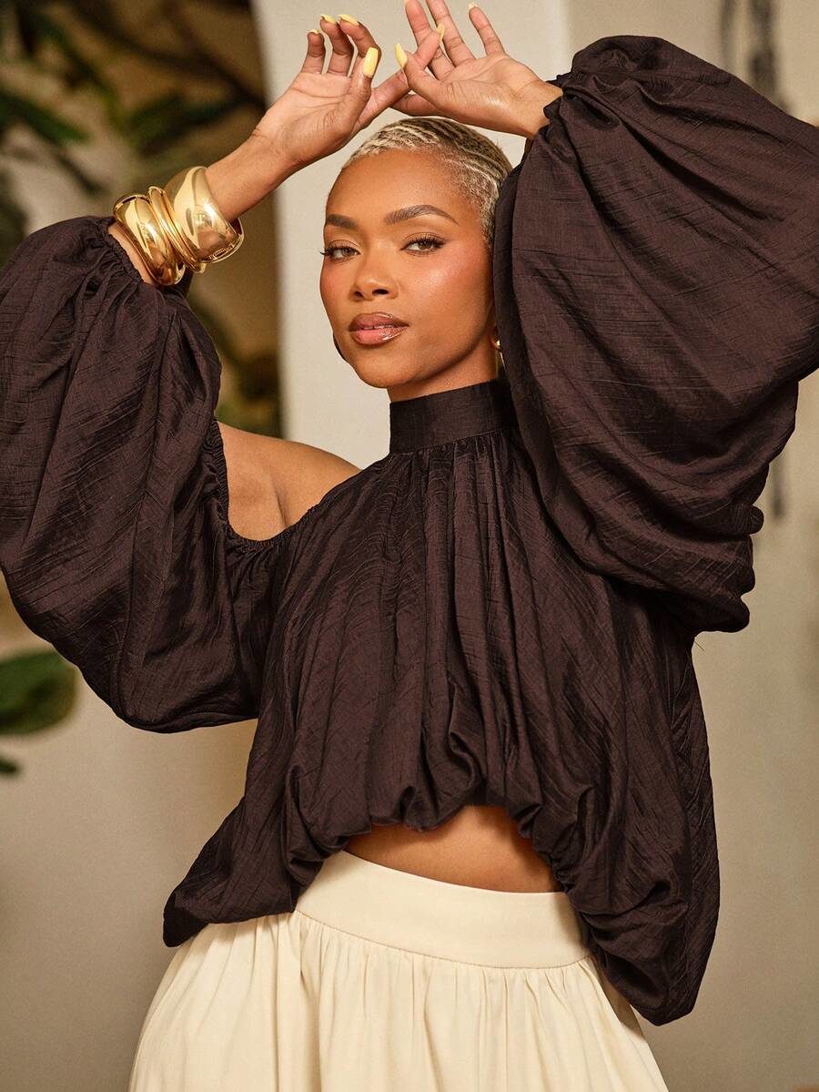 Crepe Cold Shoulder Elasticized Cuff And Hem Draped Top