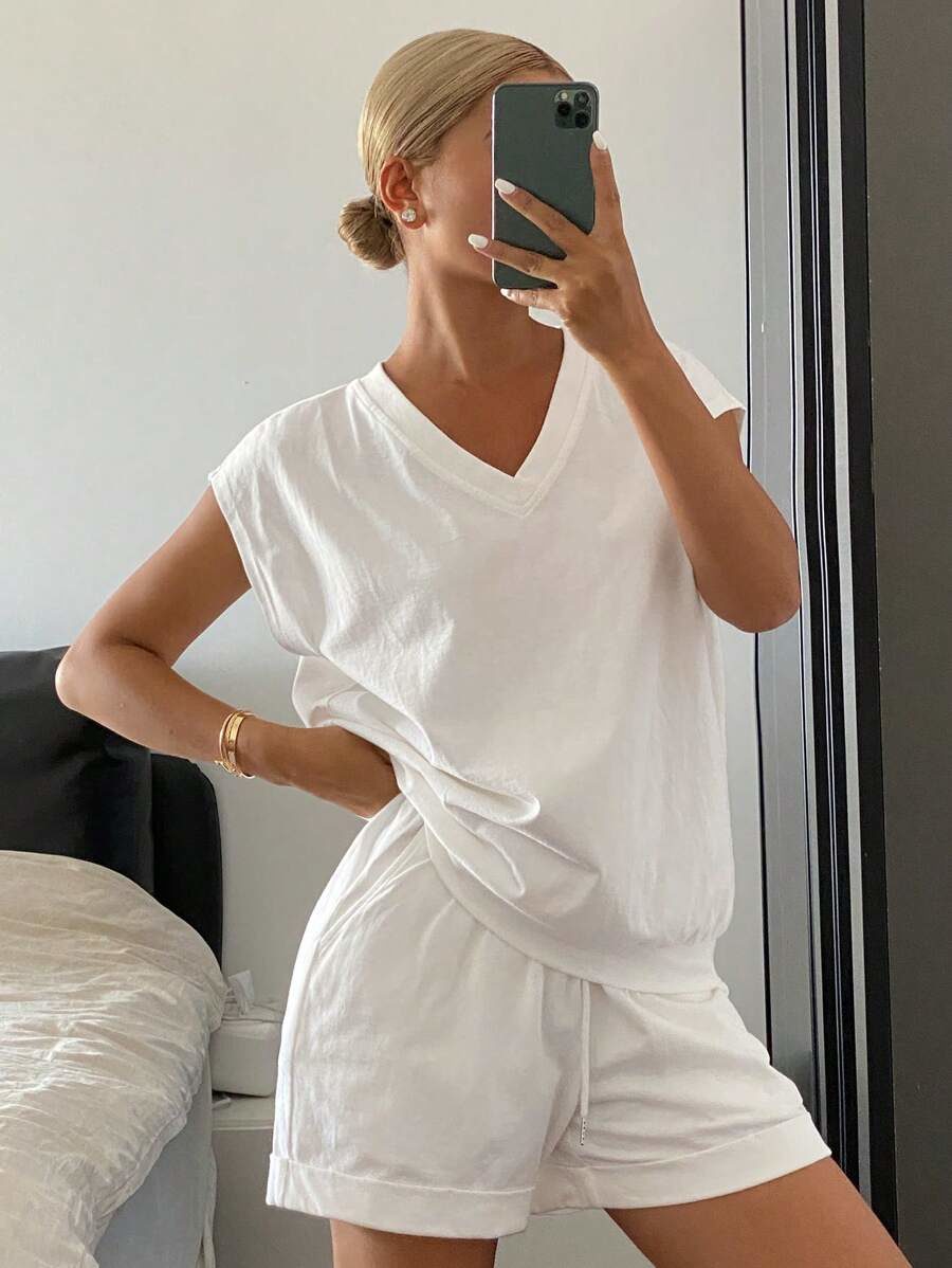 2pcs Women Solid Color Loose Sleeveless Top And Shorts Set