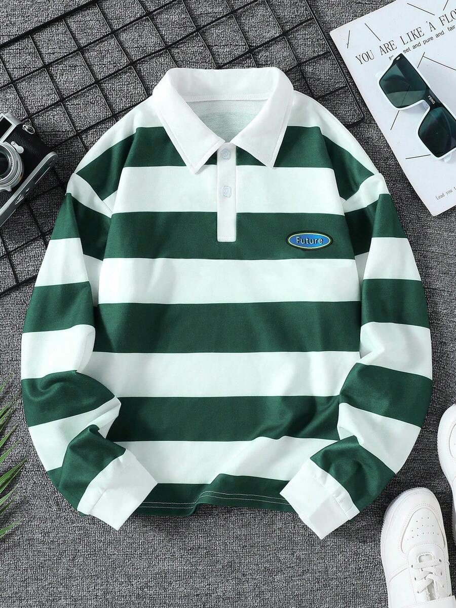1pc Boys Classic Everyday Casual Colorblock Striped Polo Collar Sweatshirt