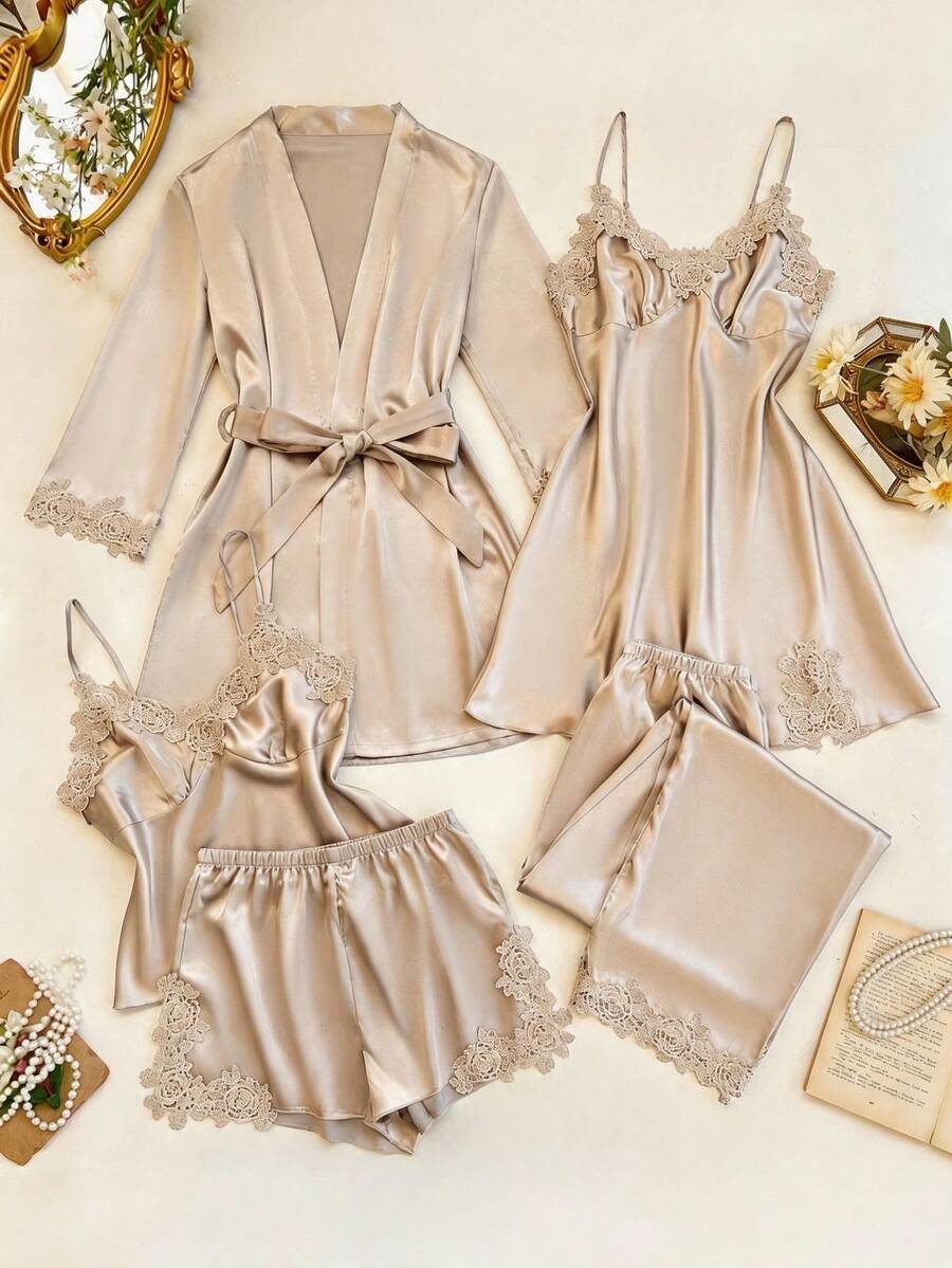 5-Piece Women's Faux Silk Pajama Set With Embroidered Lace V-Neck Camisole Top