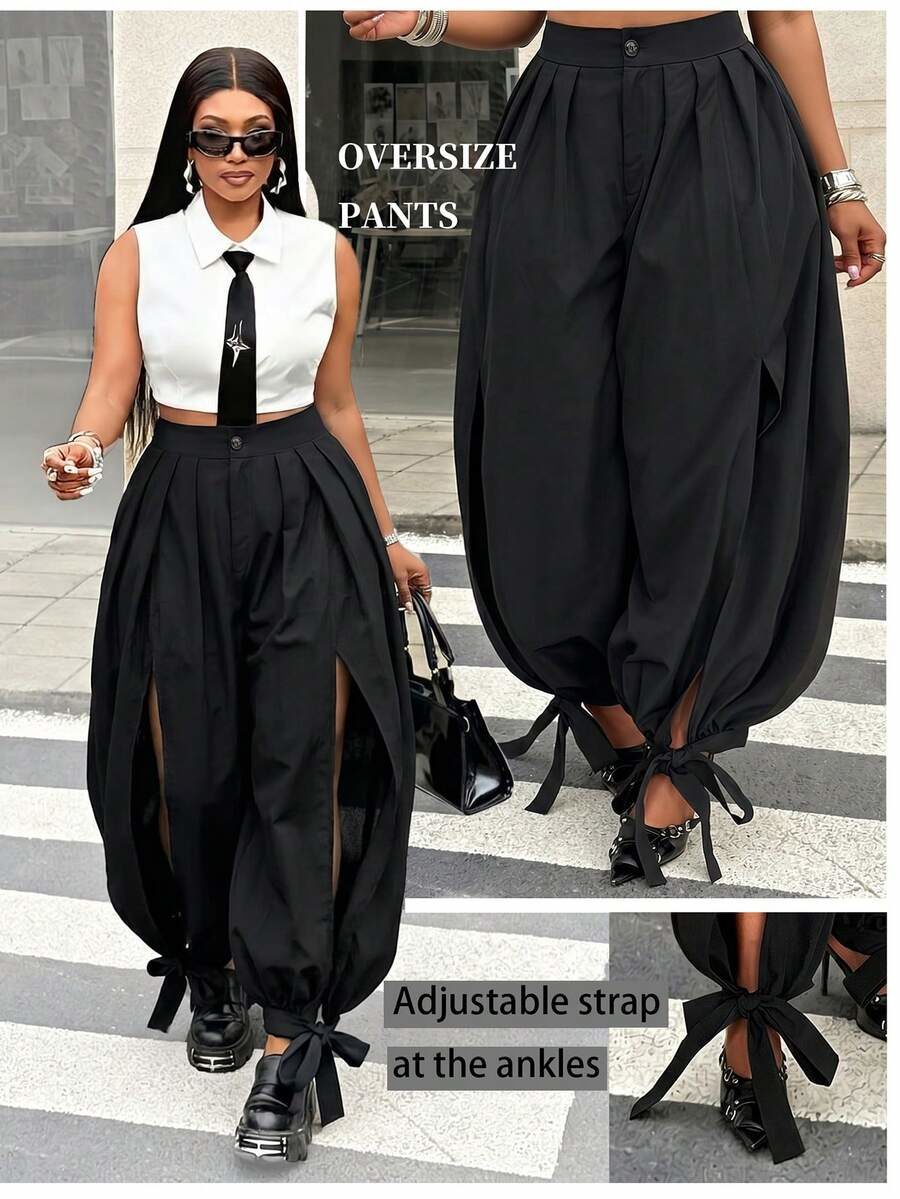 Plus Size Women's Summer Loose Casual Harem Pants With Side Slit