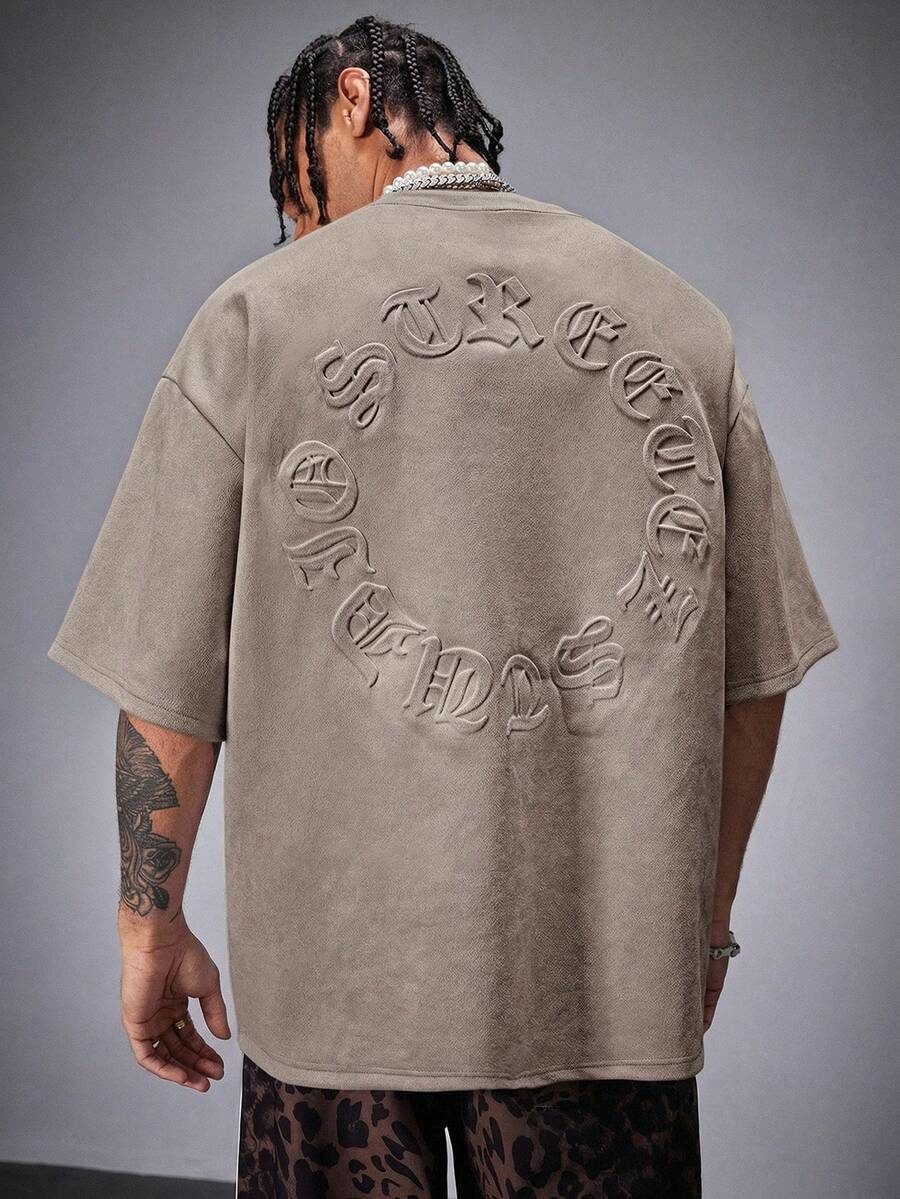 Men's Layer Suede Flocked Loose Dropped Shoulder Round Neck Short Sleeve T-Shirt