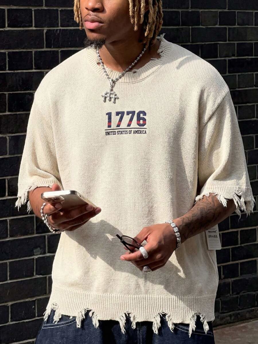 Men's Numeric Graphic Distressed Fringe Ribbed Crew Neck Short Sleeve Knit Top