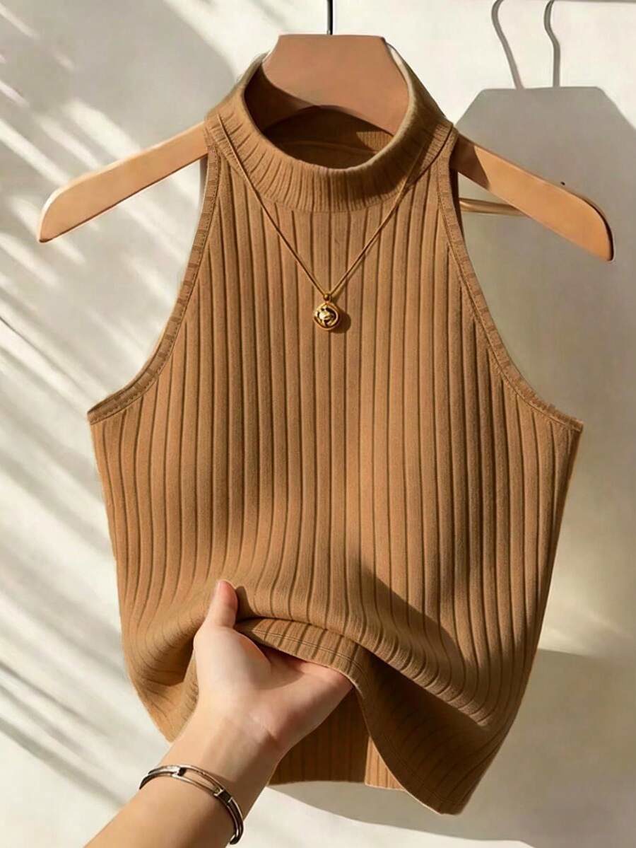 Women's Color Turtleneck Sleeveless Minimalist Casual Design Ribbed Tank Top
