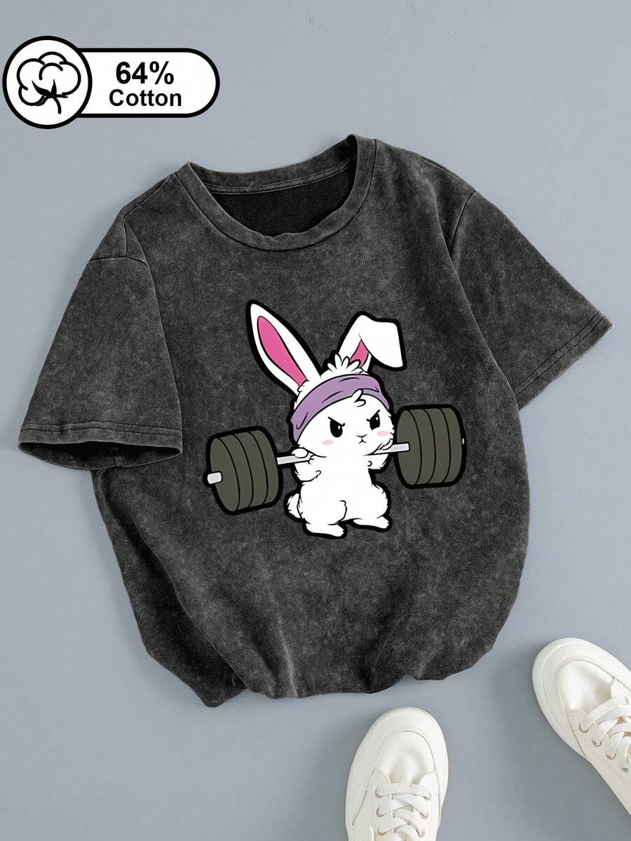 Women's Casual "Weightlifting Rabbit" Print Vintage Washed Short Sleeve T-Shirt