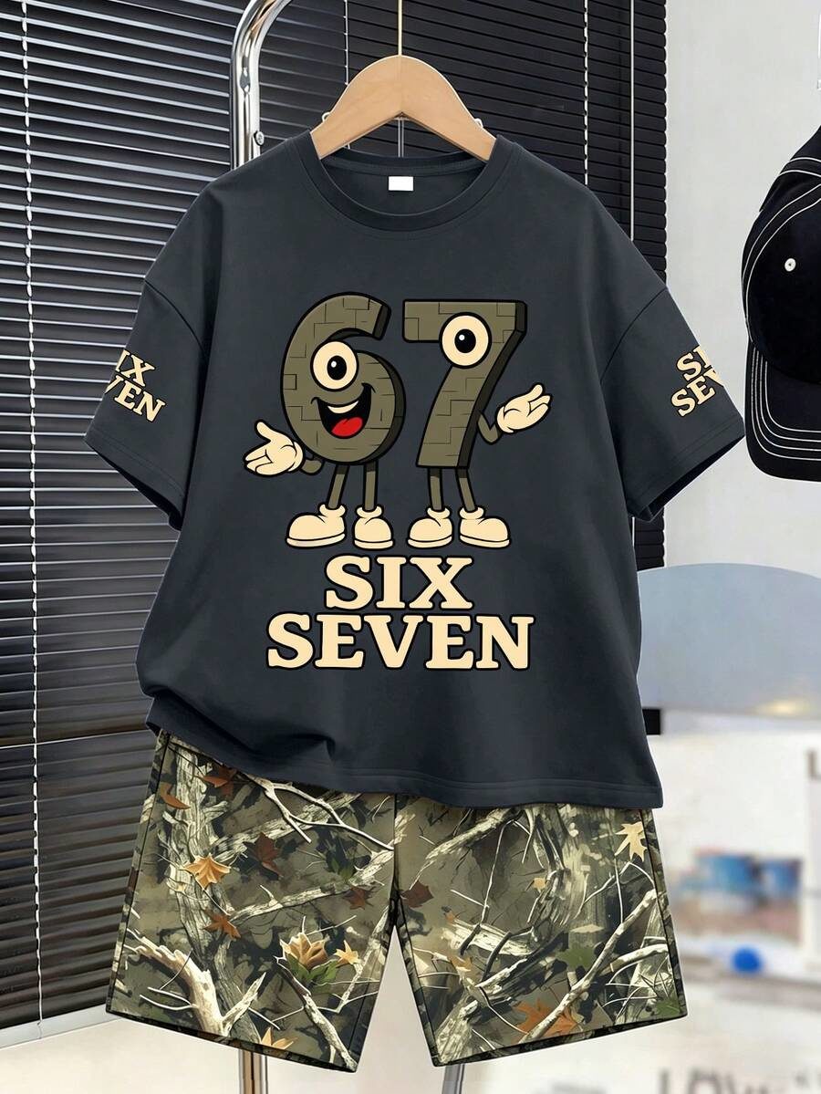 2pcs/Set Tween Boys Round Neck Short Sleeve T-Shirt With Printed Number Pattern
