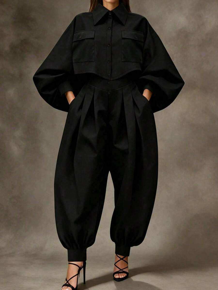 Women's Set For / Lantern Sleeve Solid Color Lapel Button Shirt + Pleated Pants