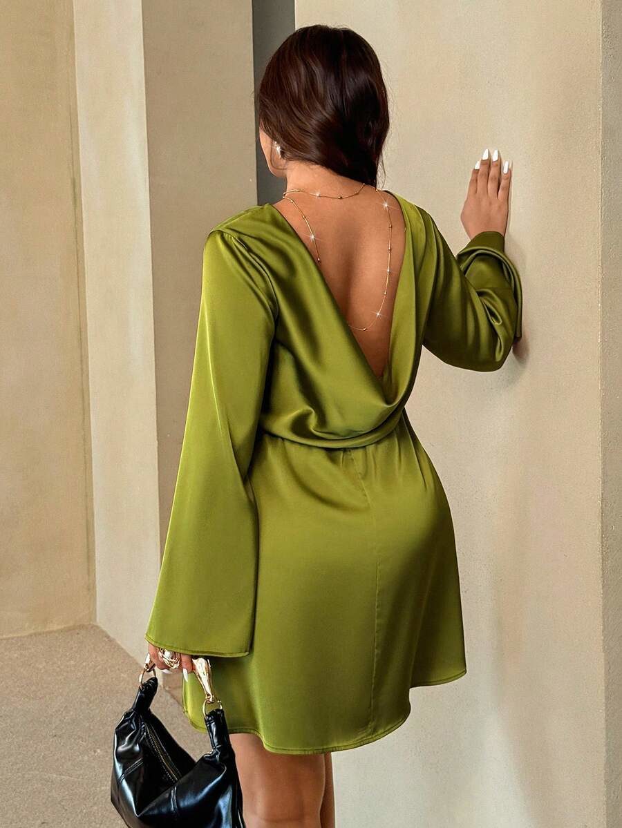 Plus Size Women's Elegant Olive Purple Autumn Satin Mini Dress