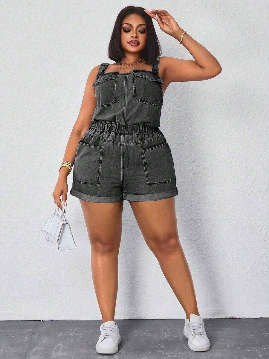 Plus Size Summer High Waist Multi-Pocket Washed Denim Jumpsuit
