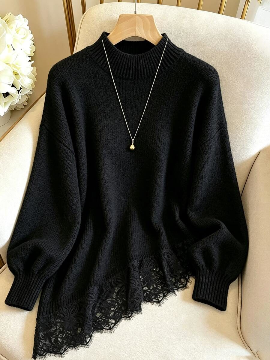 Loose Semi-High Neck Long Sleeve Asymmetrical Hem Lace Patchwork Black Top