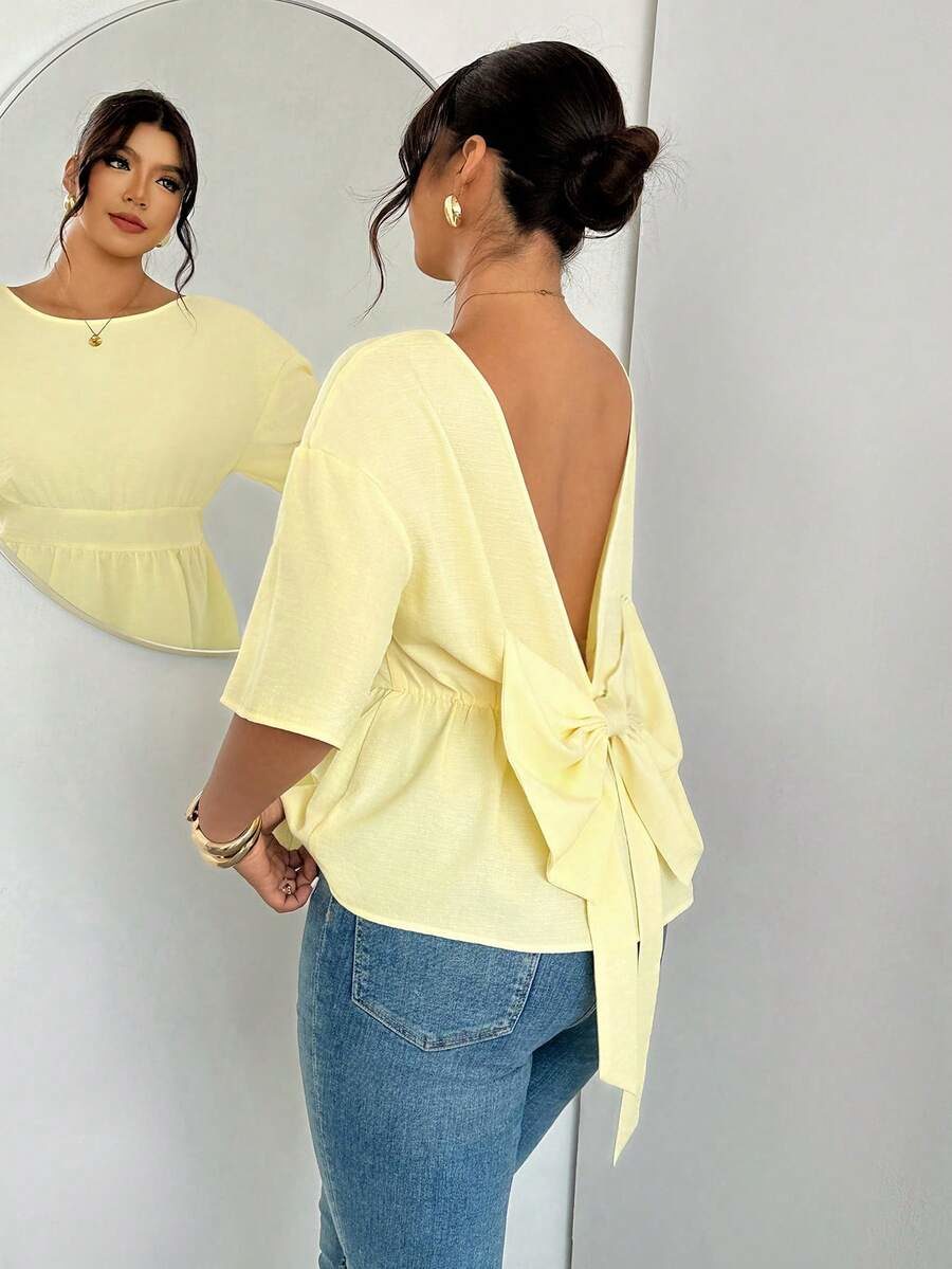 Plus Size Summer Casual Solid Color Tie-Waist Backless Bow Decor Blouse