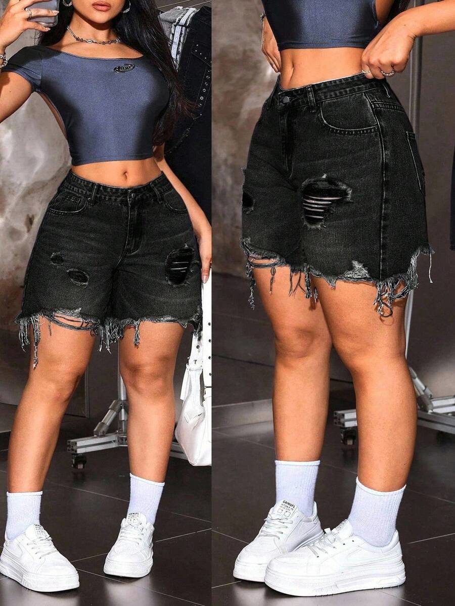 Plus Size Women Distressed Pocket Frayed Hem Casual Casual Formal Denim Shorts