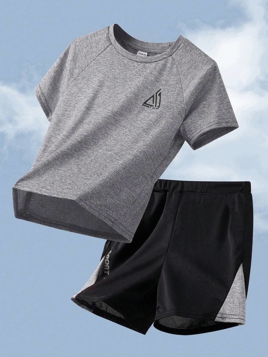 Tween Boy Colorblock Pattern T-Shirt & Shorts Sports Outfit 2pcs Set