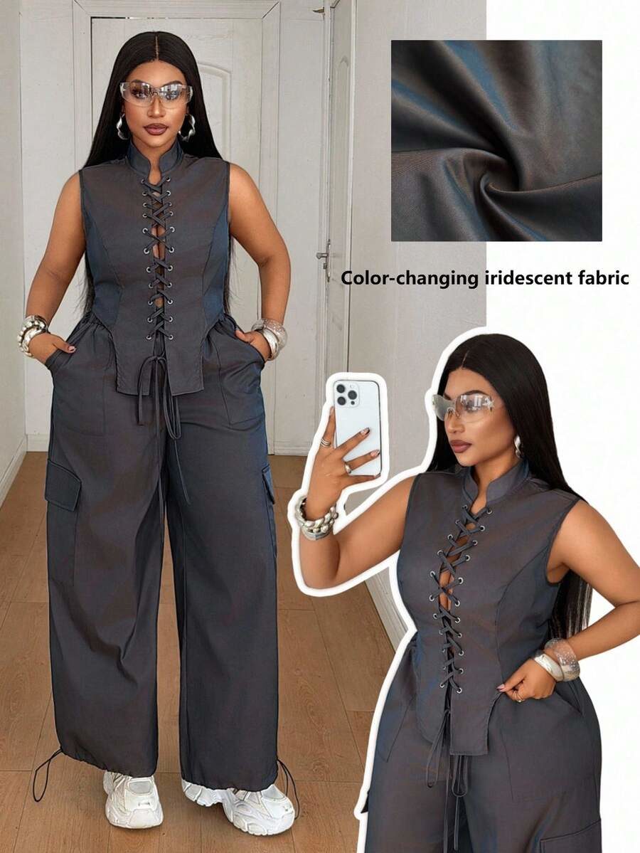 Dark Green Waist-Cinching Slimming High-End Eyelet Plus Size Women's 2-Piece Set