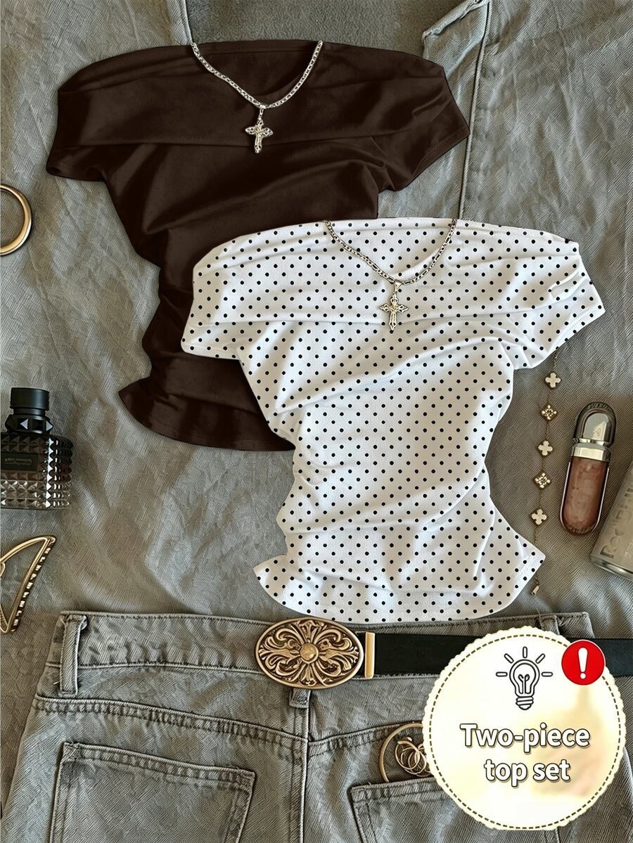 2pcs Women's Summer Polka Dot Print Pleated Off-Shoulder T-Shirts