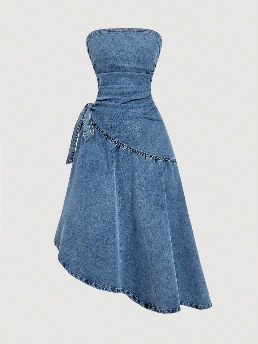 Plus Size Women's Ruched Side Waist Knot Bandeau Denim Dress