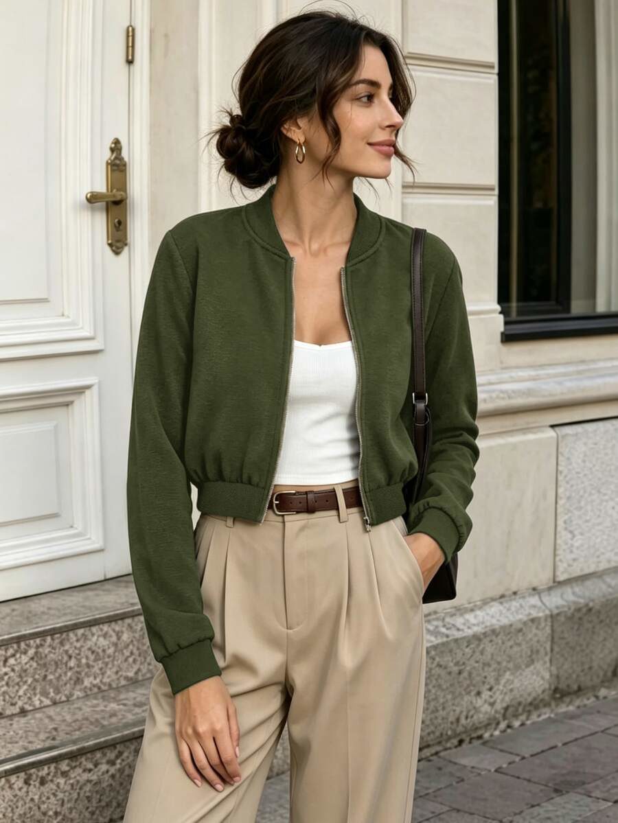 Zip Up Crop Bomber Jacket In Autumn Everyday Travel Olive Green Casual