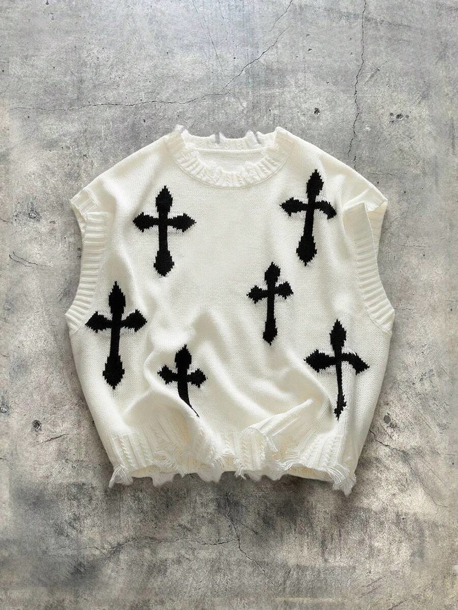 Cross Print Round Neck Frayed Edge Men's Knit Vest