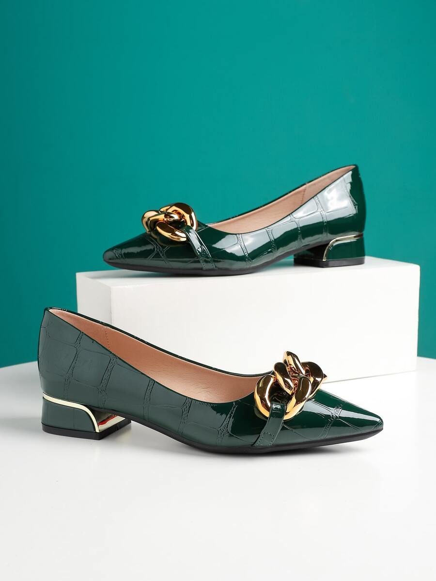 Women's Fashionable Flats With Chain Decoration, Crocodile Pattern Texture And Embossed Link Design