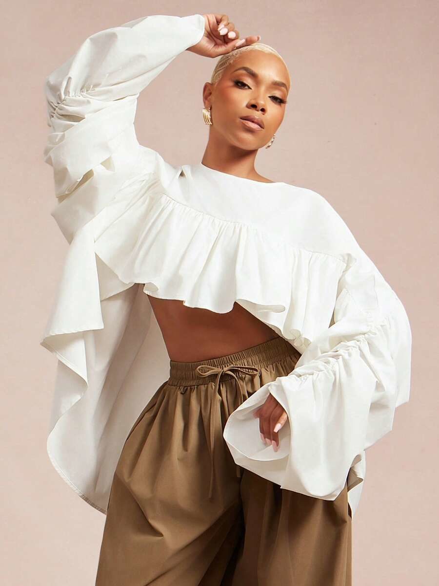 Solid Woven Ruched Hi Low Hem Ruffle Top