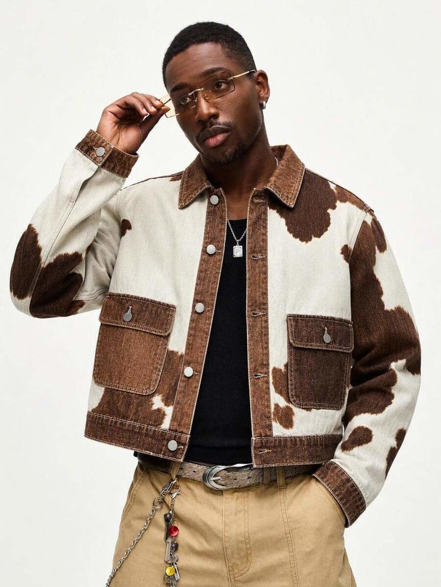 Men's Loose Cow Print Denim Jacket