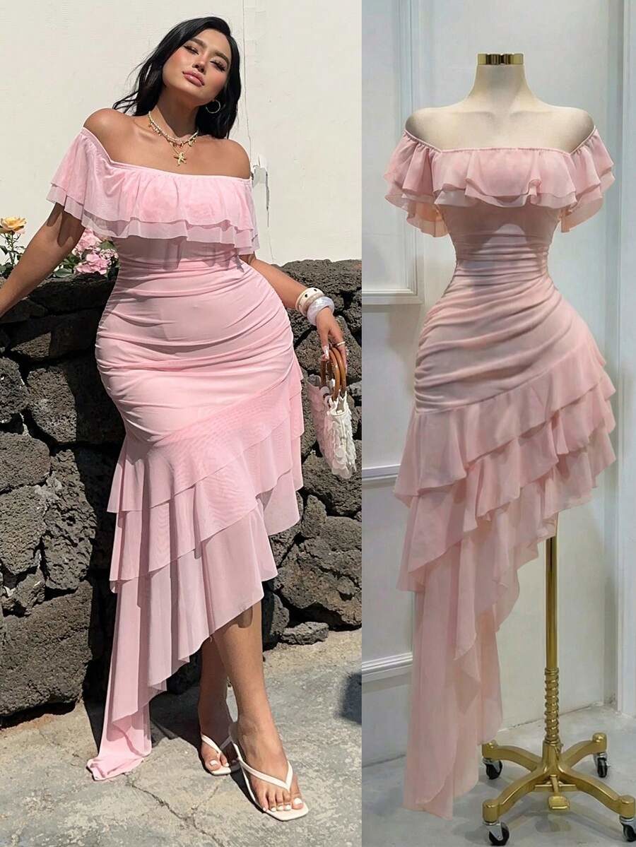 Plus Size Off-Shoulder Ruffle Hem Elegant Asymmetrical Hem Mesh Flowy Vintage Cute Vacation Wedding Party Dress