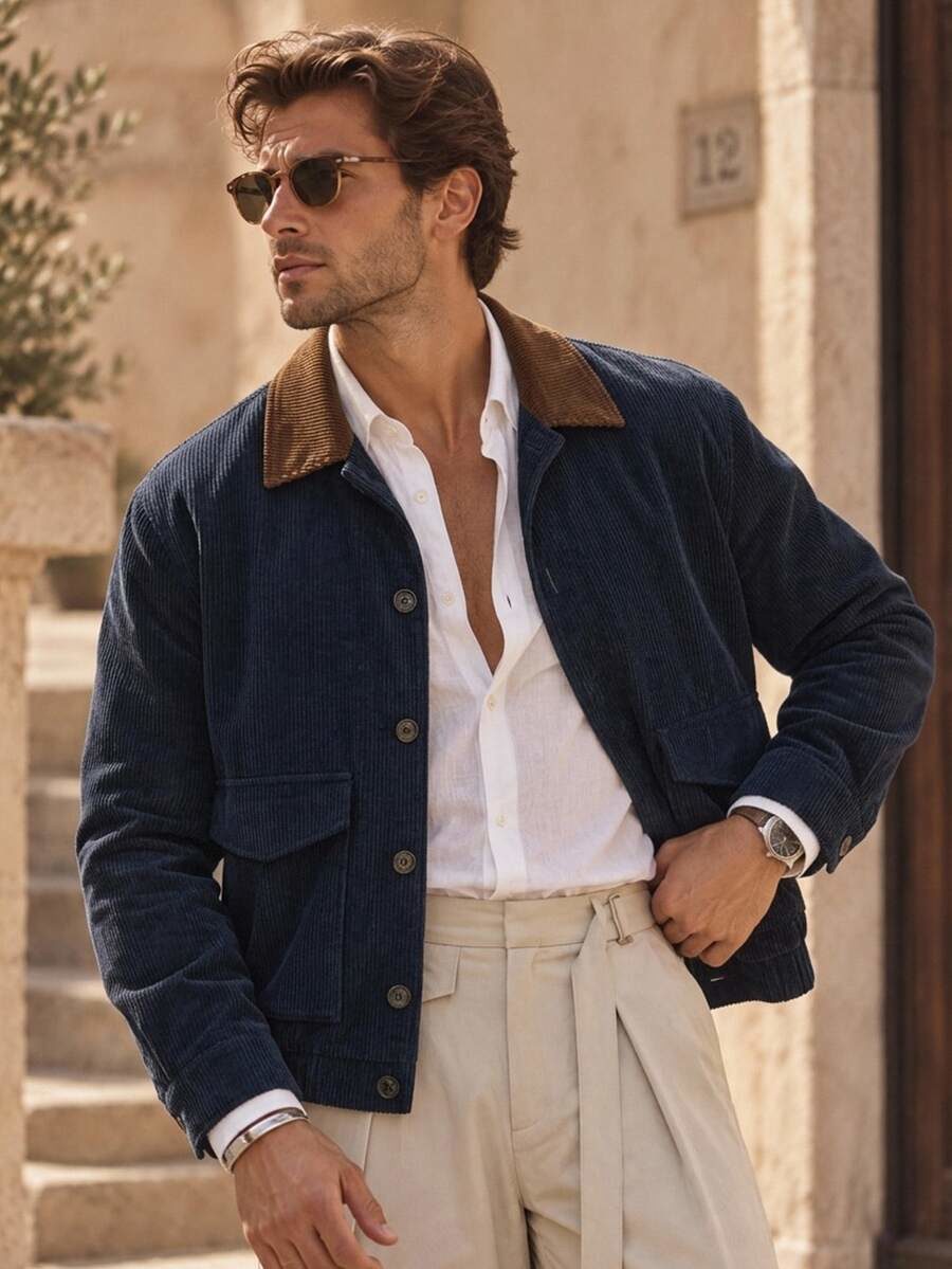 Men's Autumn Casual Colorblock Collar Corduroy Jacket Halloween Winter Autumn