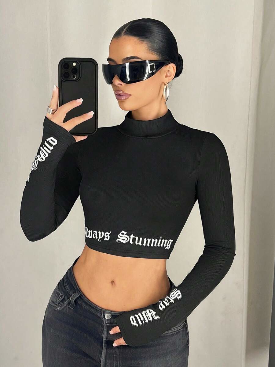 Black And White Gorpcore Standing Neck Thumbhole Cut Letter T-Shirt Night Autumn Y2k