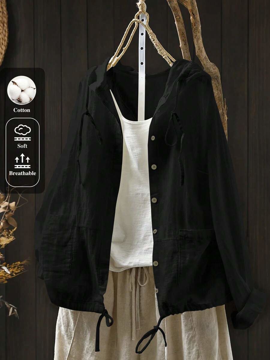 Plus Size Long Fringe Hooded Drawstring Casual Long Sleeve Pocket Jacket