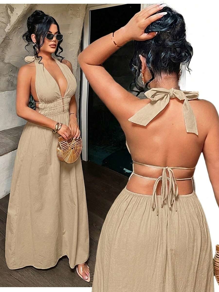 Women's Vacation Casual Striped Backless Halter Dress