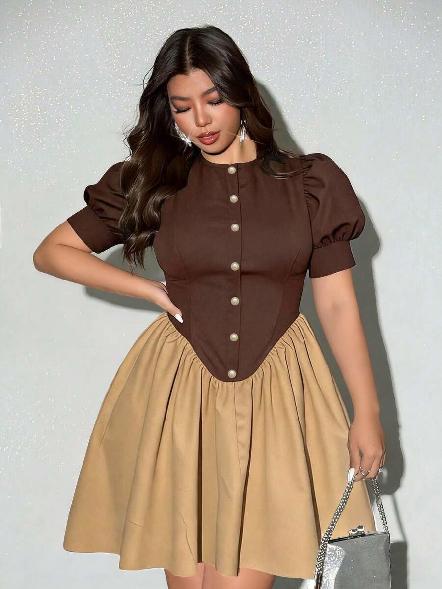 Plus Size Women's Vintage High Tea Morning Puff Sleeve Slim Fit Short Dress