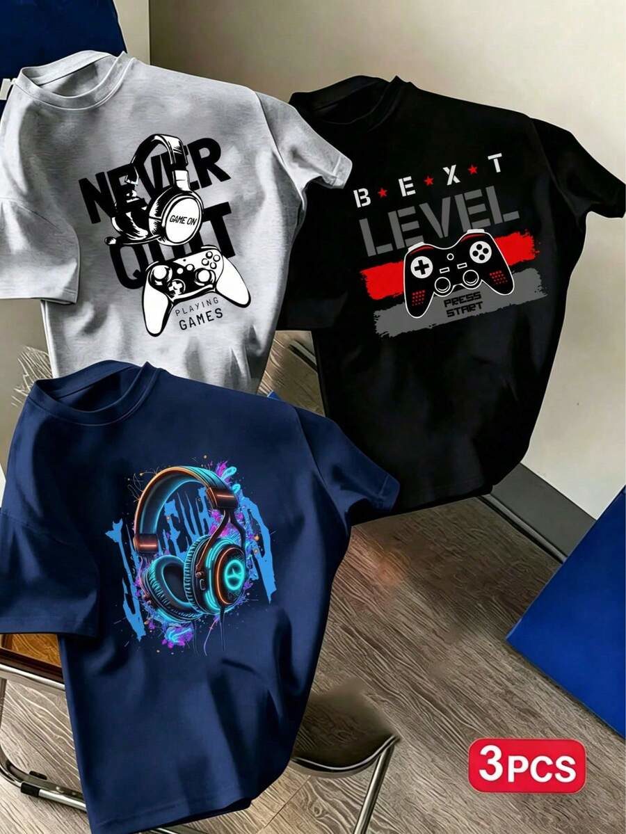 3pcs Tween Boy Popular Graphic Print Crew Neck Short Sleeve T-Shirt