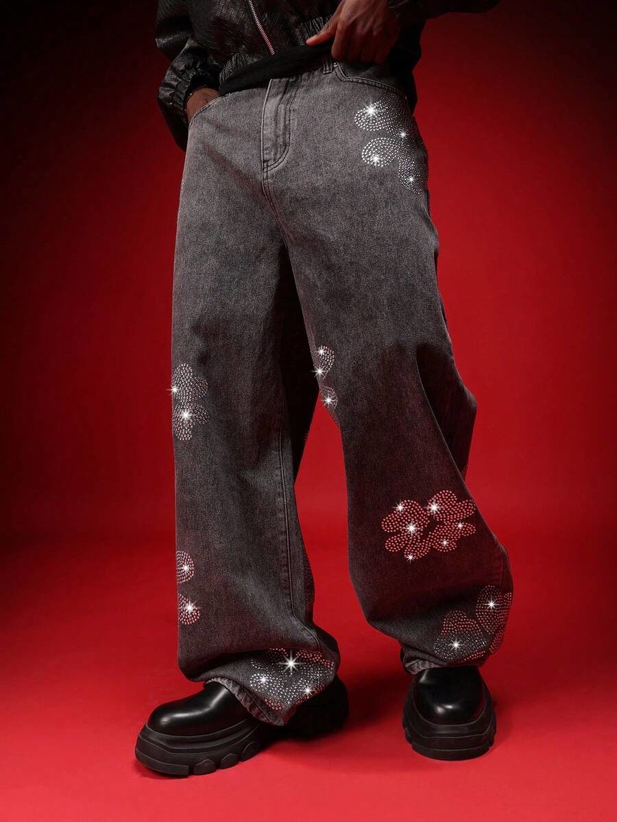 Baggy Rhinestone Denim Jeans With Crystal Embellishments For Streetwear Casual