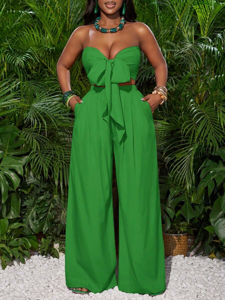 Front Tie Bandeau Top And Wide Leg Pants Women Beach Vacation Summer Sexy