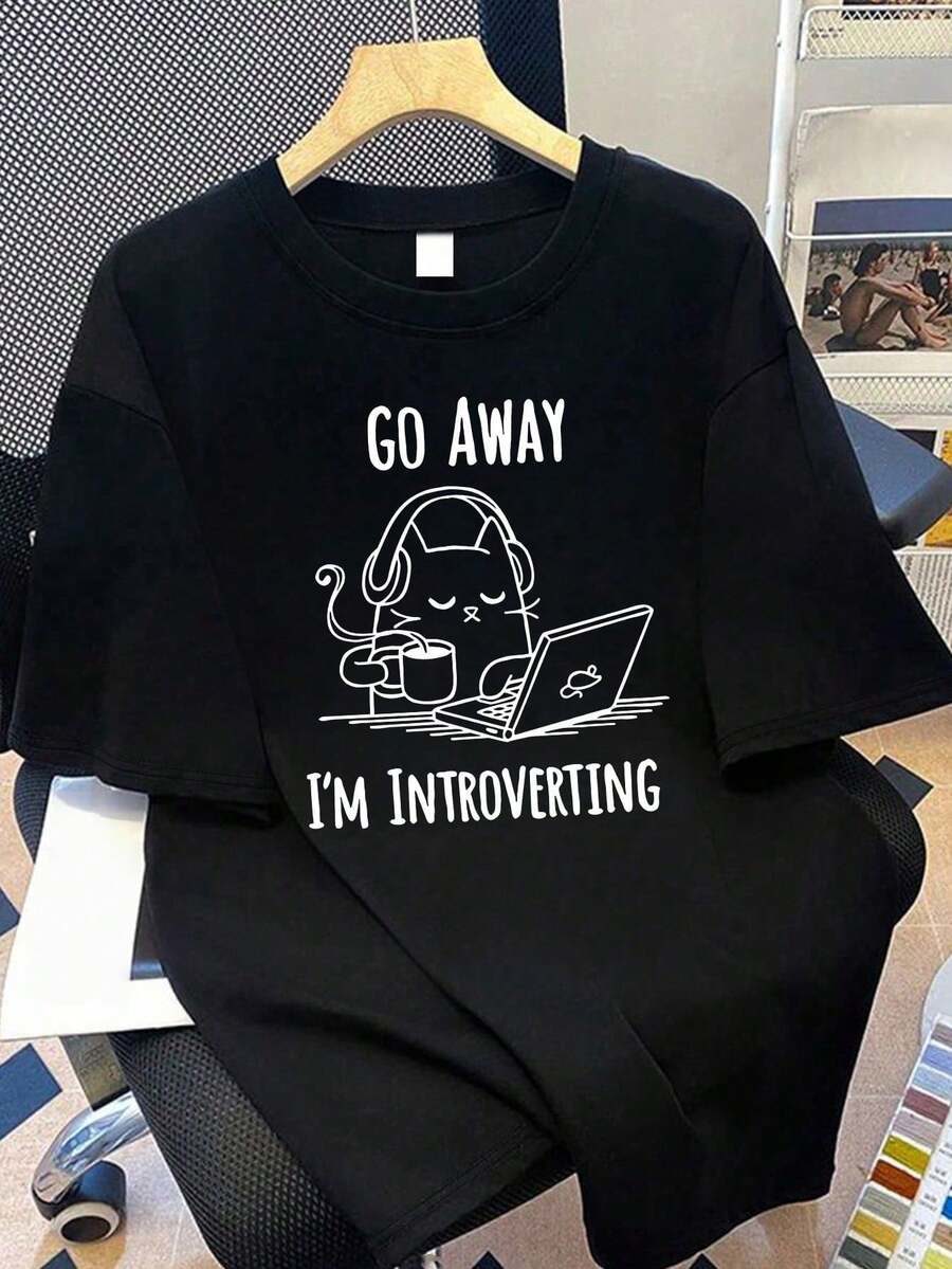 Introverted Cat Wearing Headphones & Laptop Graphic Loose Casual T-Shirt