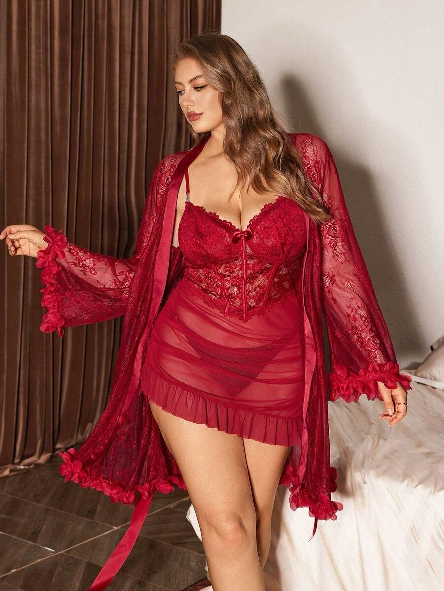 1 Set Plus Size Lace Robe With 3D Floral Decor + Lace Camisole Slip Dress