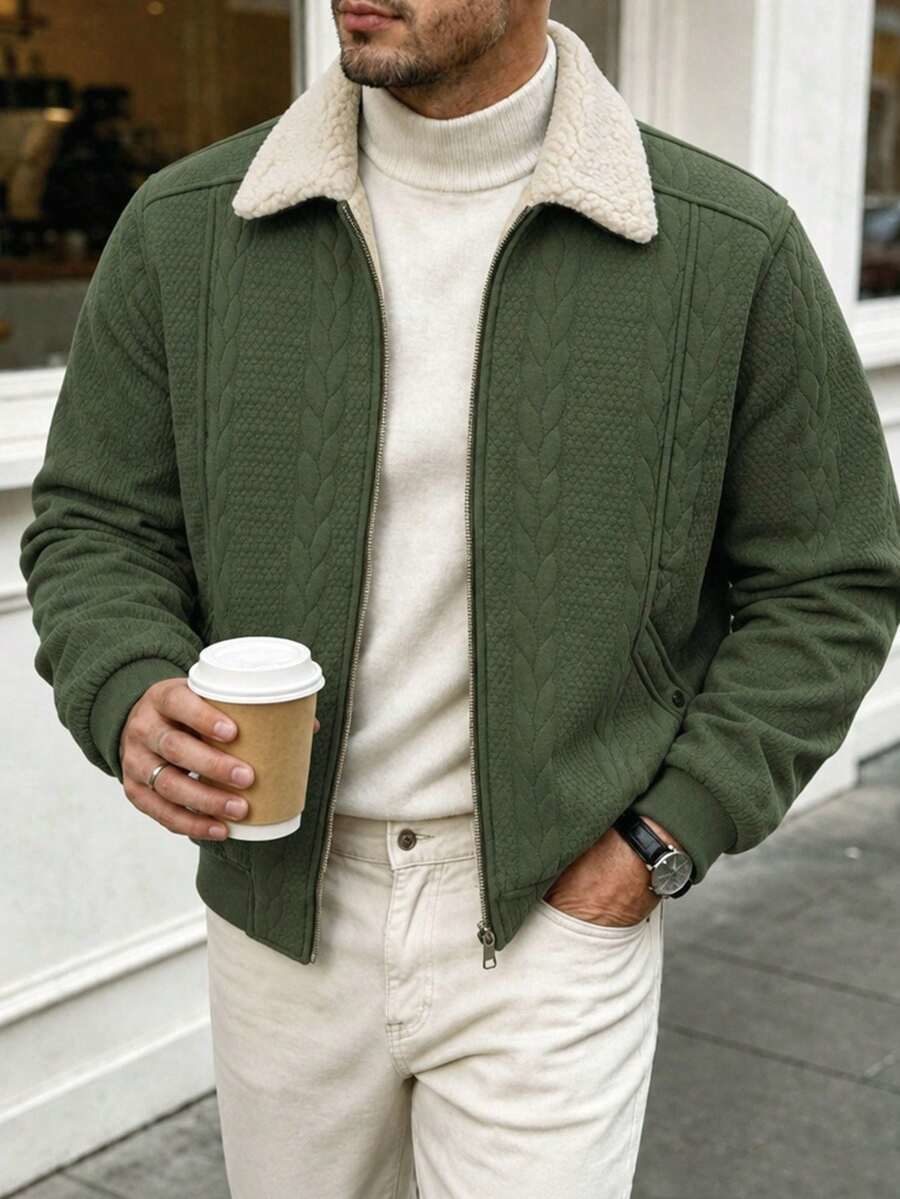 Sherpa-Fleece /Winter Lapel Jacquard Textured Zipper Front Versatile Jacket